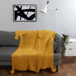 Large Chunky Knit Pom Pom Throw, Mustard Yellow Ochre - 150 x 180cm