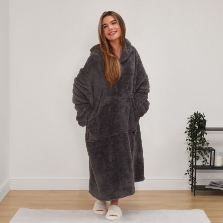 Extra Long Teddy Hoodie Blanket, Charcoal - Adults