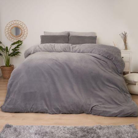 Coral Fleece Sherpa Reverse Duvet Cover, Charcoal - Superking