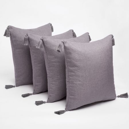 4 x Tassel Cushion Covers, Silver - 45 x 45cm