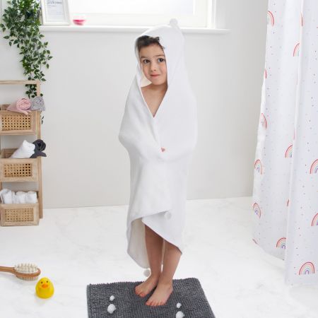 Kids Plain Pom Pom Hooded Towel, White -One Size