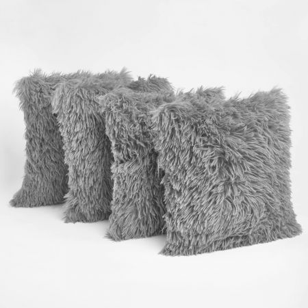 4 Faux Mongolian Fur Cushion Covers, Silver -45X45Cm