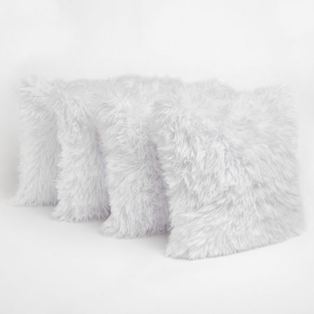 4 Faux Mongolian Fur Cushion Covers, White - 45X45Cm