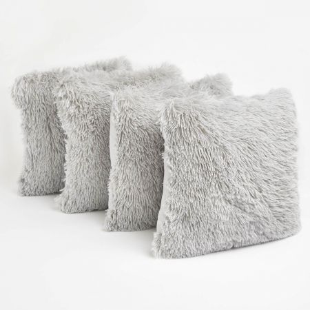 4 x Fluffy Cushion Covers, Silver - 45 x 45cm