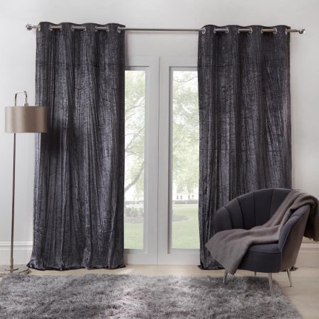 Silver Grey Width 90 x Drop 90 Sienna PAIR of Crushed Velvet Band Curtains Fully Lined Eyelet Ring Top Faux Silk Window Treatment Panels