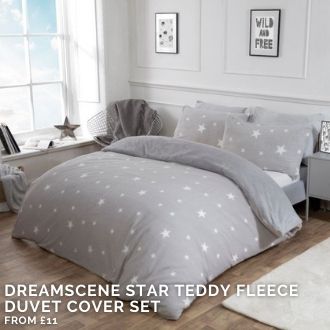 DREAMSCENE STAR TEDDY FLEECE DUVET COVER SET - GREY
